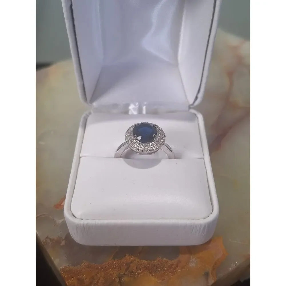 925 Sterling Silver 2.20ct Sapphire Halo Ring Round Blue Size 6.25 NIB